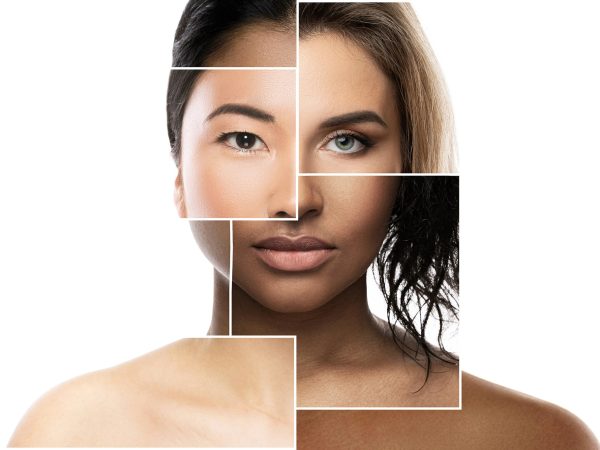 Creative beauty collage - face parts of different ethnicity women.