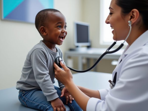 Cheerful Toddler Receives Pediatric Check-Up With Doctor Using S